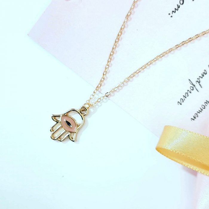 Hamsa Hand Necklace with Golden Chain and Peach Evil Eye