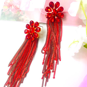 Red Stoned Tassel Flower Earrings