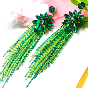 Green Stoned Tassel Flower Earrings