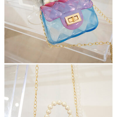 Pearl Handle Pink & Blue Mix PVC Bag With Chain