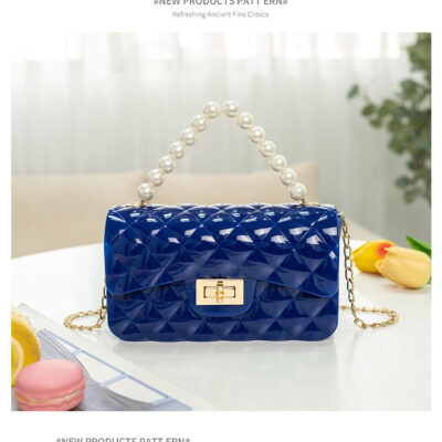 Pearl Handle Blue Bag With Chain-PVC