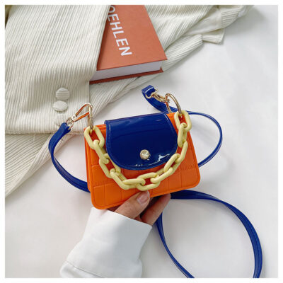 Orange & Blue With Yellow Chain Handle PVC Bag