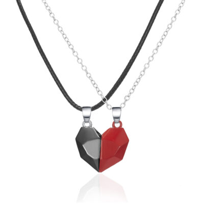 Couple Necklace Silver and Black Chain  Red Pendant & Black Pendant