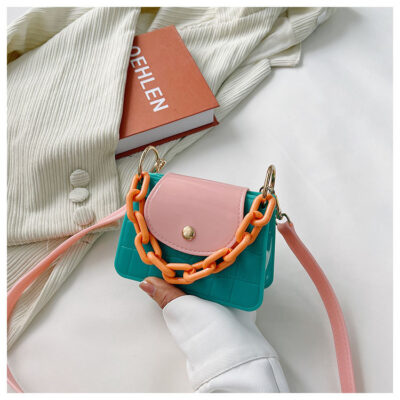 Green & Pink With Orange Chain Handle PVC Bag