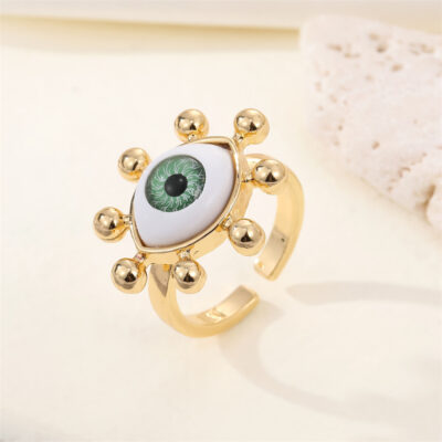Green Evil Eye Golden Adjustable Ring