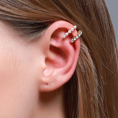 Silver Diamond Studded Pearl Ear Clip 1pc