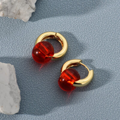 Red Bead Golden Mini Hoops Earrings