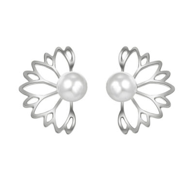 Lotus Leaf Pearl Stud Silver  Earrings