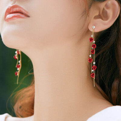 Red Rose Golden Hanging Earrings