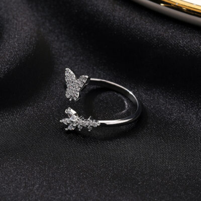Mini Diamond Silver Butterfly Adjustable Rings