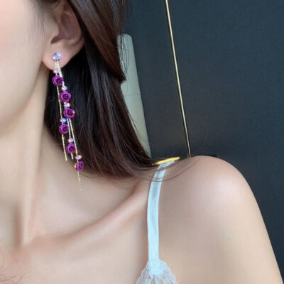 Purple Rose Golden Hanging  Earrings