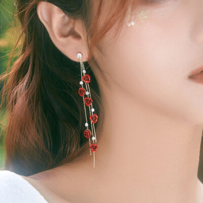 Red Rose Golden Hanging Earrings