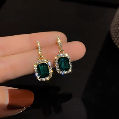 Green Diamond Square Earrings