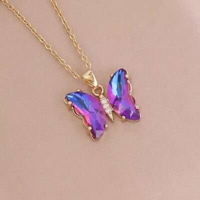 Crystal Purple  Glass Butterfly Necklace