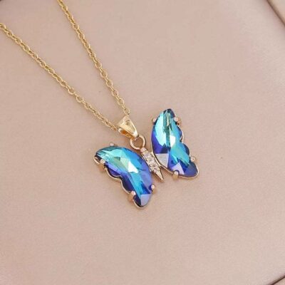 Crystal Blue Glass Butterfly Necklace