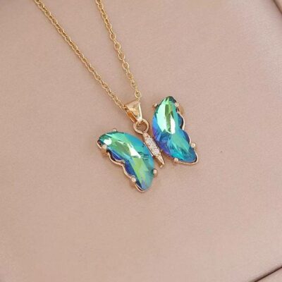 Crystal Green Glass Butterfly Necklace